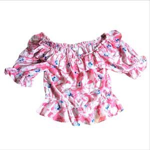 Ted Baker London Sheer Off The Shoulder Ruffle Hem Floral Top Blouse